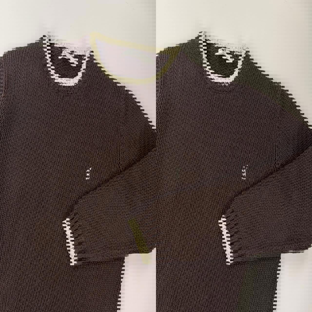 Vintage YSL Yves Saint Laurent heavy knitted jumper in brown with white embroidered logo.