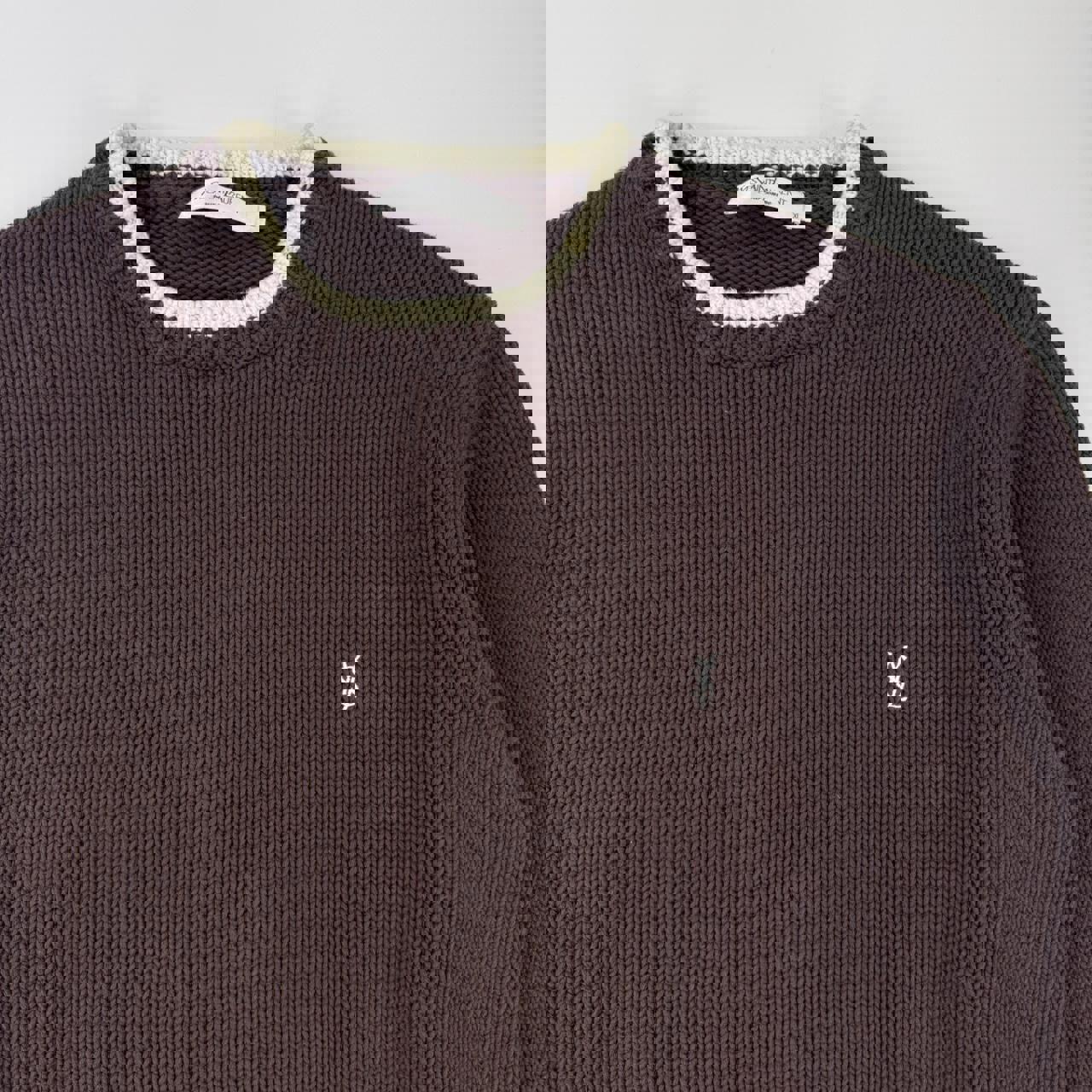 Vintage YSL Yves Saint Laurent heavy knitted jumper in brown with white embroidered logo.