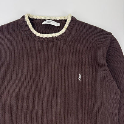Vintage YSL Yves Saint Laurent heavy knitted jumper in brown with white embroidered logo.