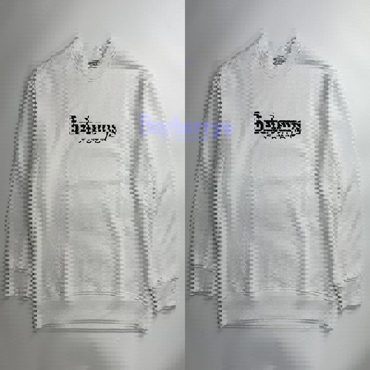 Burberry vintage sweatshirt in white with navy blue embroidered spellout logo.