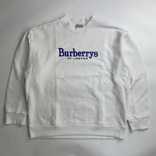 Burberry vintage sweatshirt in white with navy blue embroidered spellout logo.