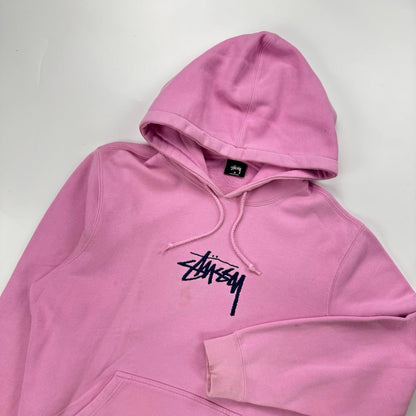 Stussy hoodie in pink with navy blue embroidered logo.