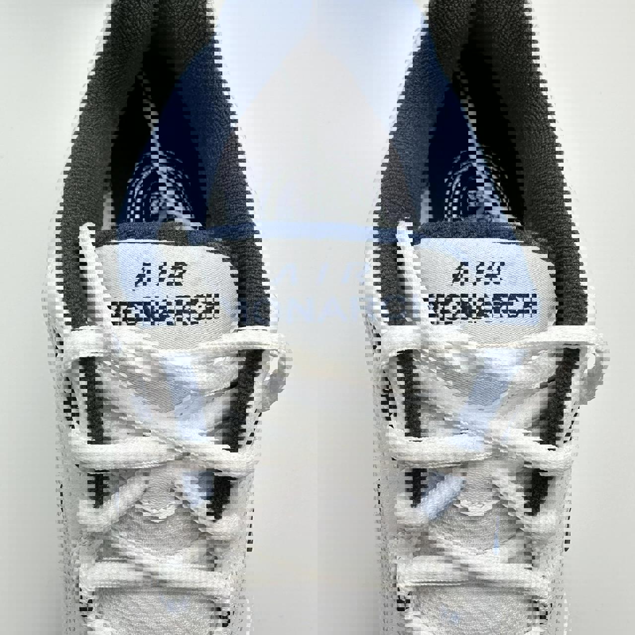 Nike Air Monarch sneakers in blue and white.