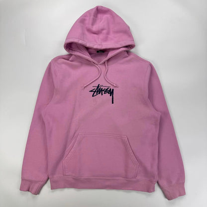 Stussy hoodie in pink with navy blue embroidered logo.