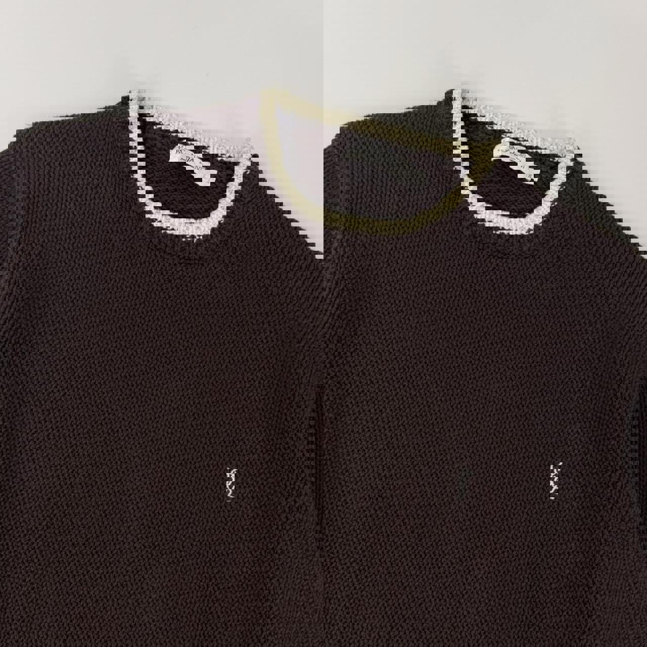 Vintage YSL Yves Saint Laurent heavy knitted jumper in brown with white embroidered logo.