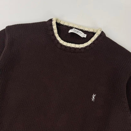 Vintage YSL Yves Saint Laurent heavy knitted jumper in brown with white embroidered logo.