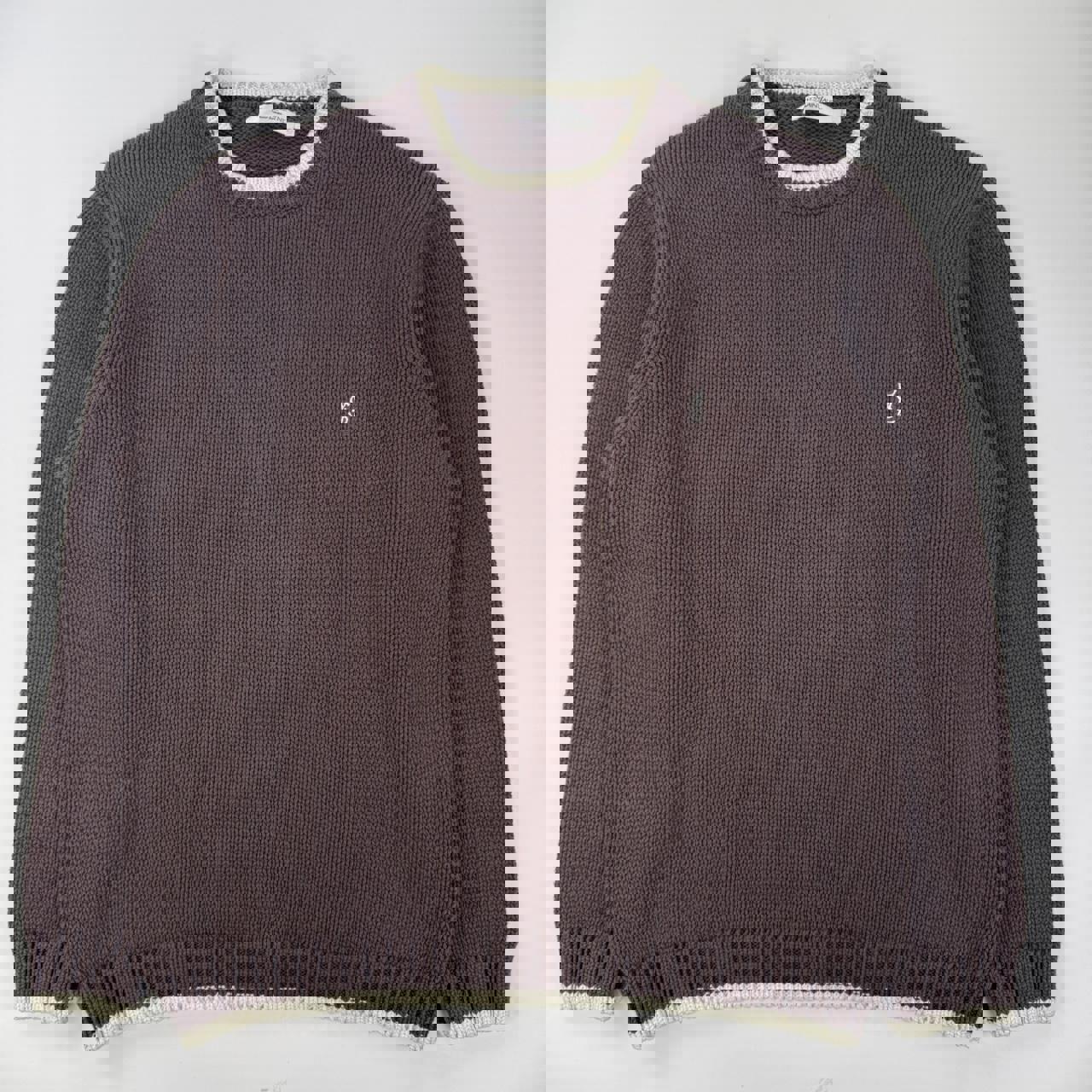 Vintage YSL Yves Saint Laurent heavy knitted jumper in brown with white embroidered logo.