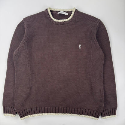 Vintage YSL Yves Saint Laurent heavy knitted jumper in brown with white embroidered logo.