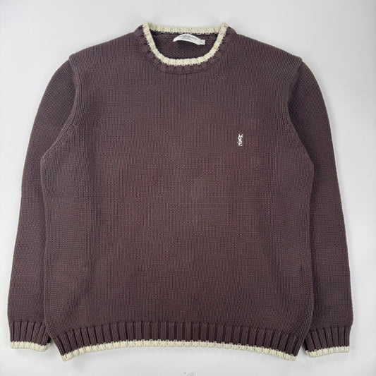 Vintage YSL Yves Saint Laurent heavy knitted jumper in brown with white embroidered logo.