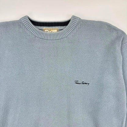 Vintage Burberry knitted jumper in baby blue with navy embroidered logo.